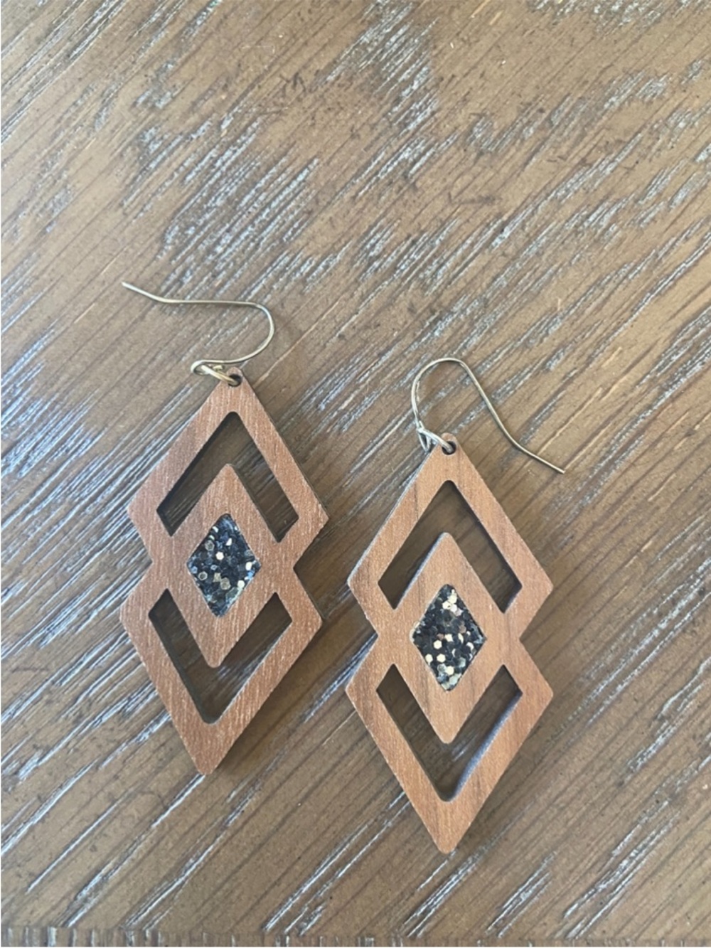 Geometric Wooden Drop Earrings with Black Glitter Inlay